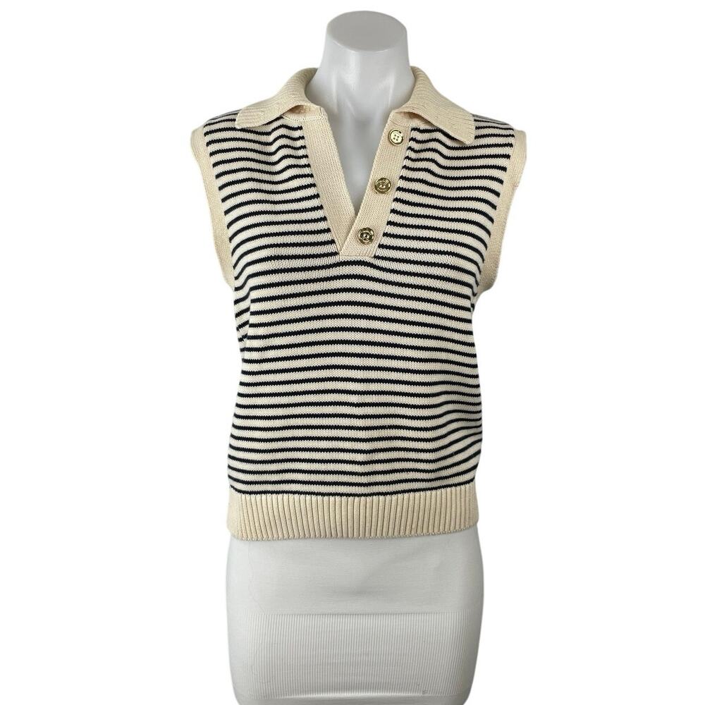 NetWork Women's Cream Black Striped Sleeveless Knit Polo Vest Sweater Top Size S